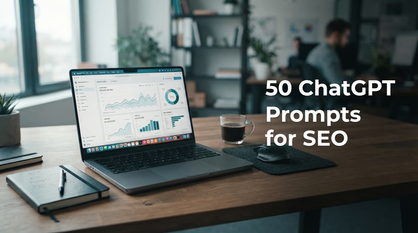 A professional desk setup with a laptop displaying SEO data, a notebook, and a cup of coffee.