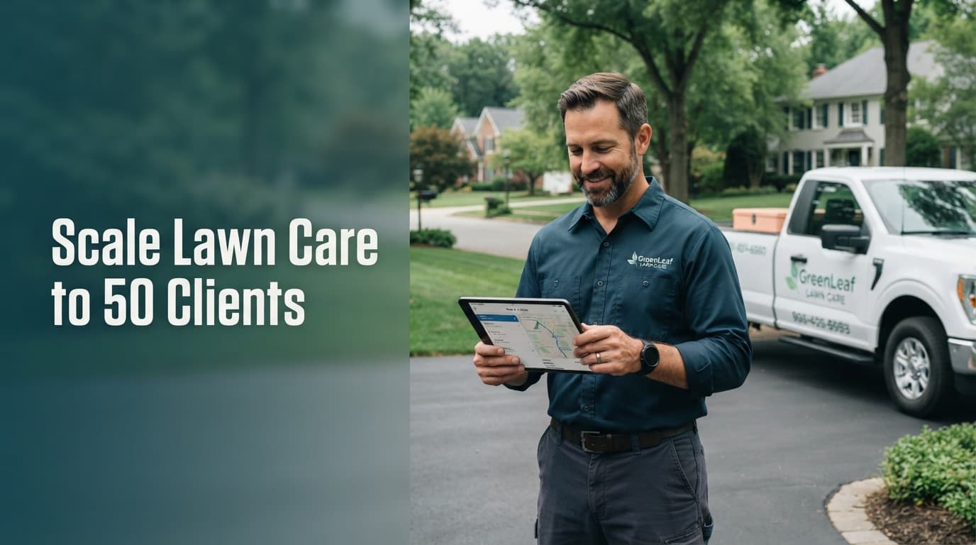 Professional lawn care business owner reviewing a digital map on a tablet next to a truck in a suburban neighborhood.
