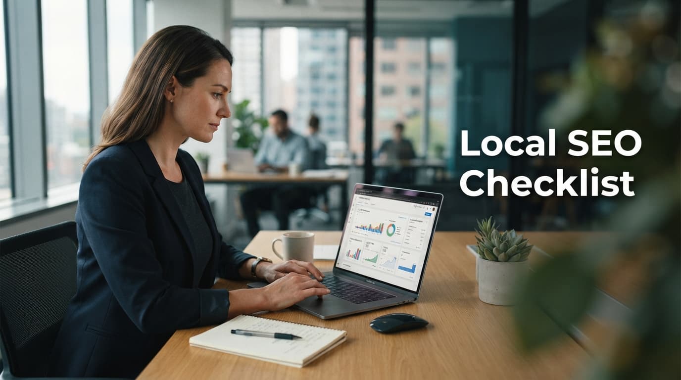 A professional digital marketing manager reviewing local search data on a laptop in a bright, modern office.