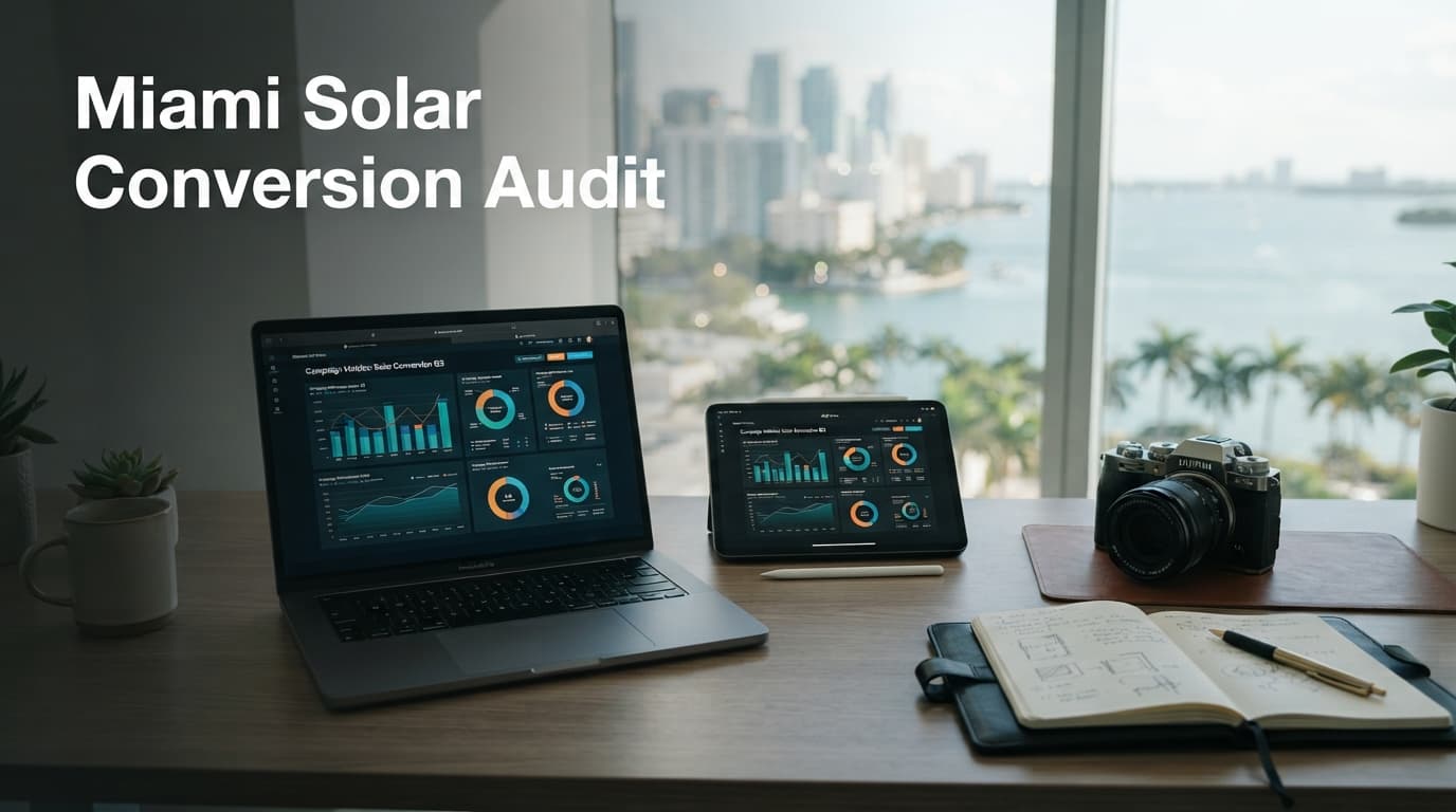 Professional solar consultant reviewing web analytics on a laptop in a bright, modern Miami office.