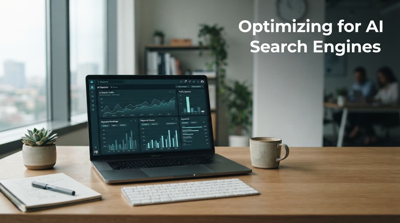 Professional workspace with a laptop displaying data analytics for AI search optimization.