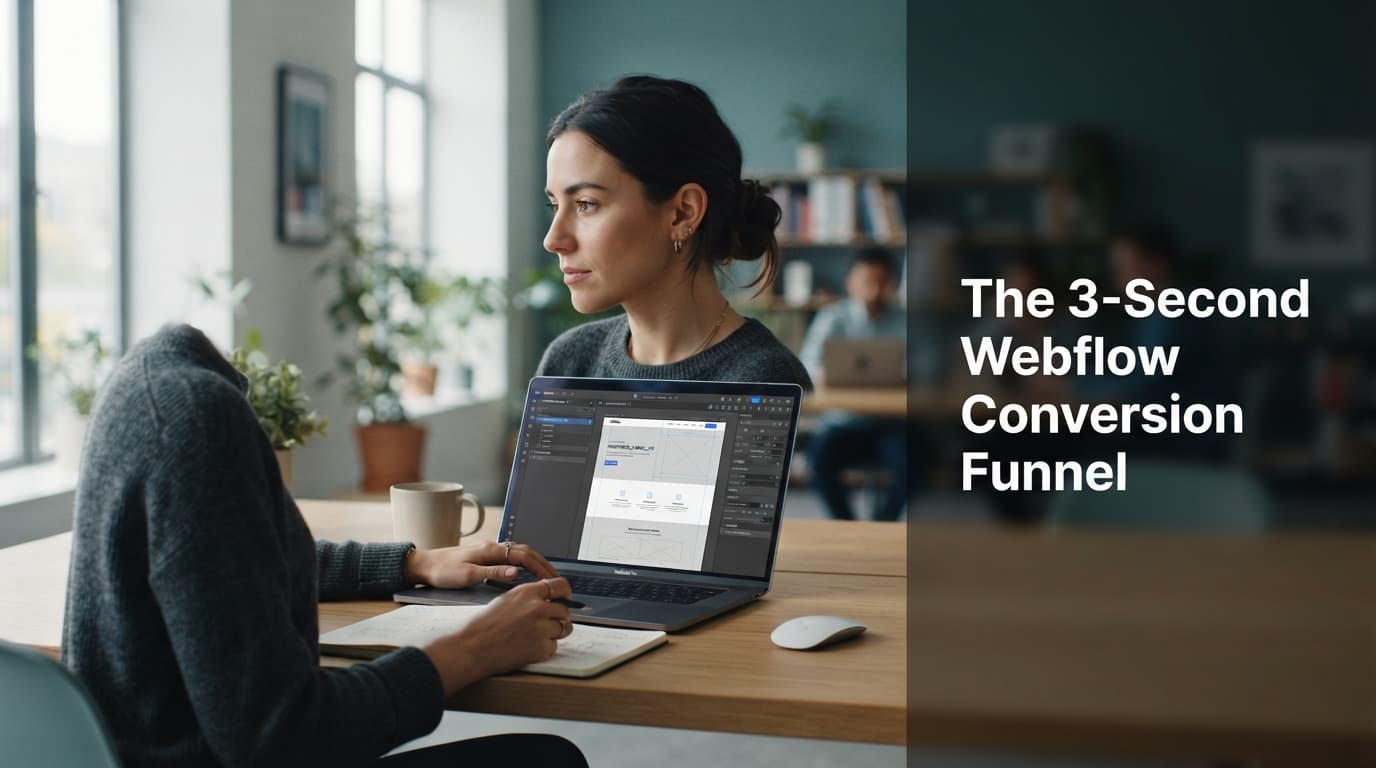 A professional web designer reviewing a high-converting Webflow landing page on a clean, modern office desk.