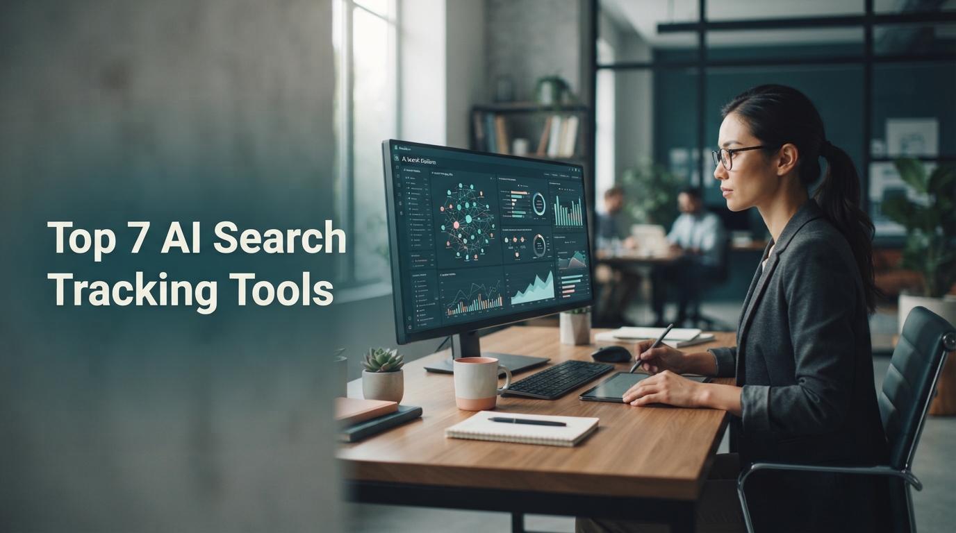 A digital marketing professional analyzing search visibility data on a dual-monitor workstation displaying AI search trends.