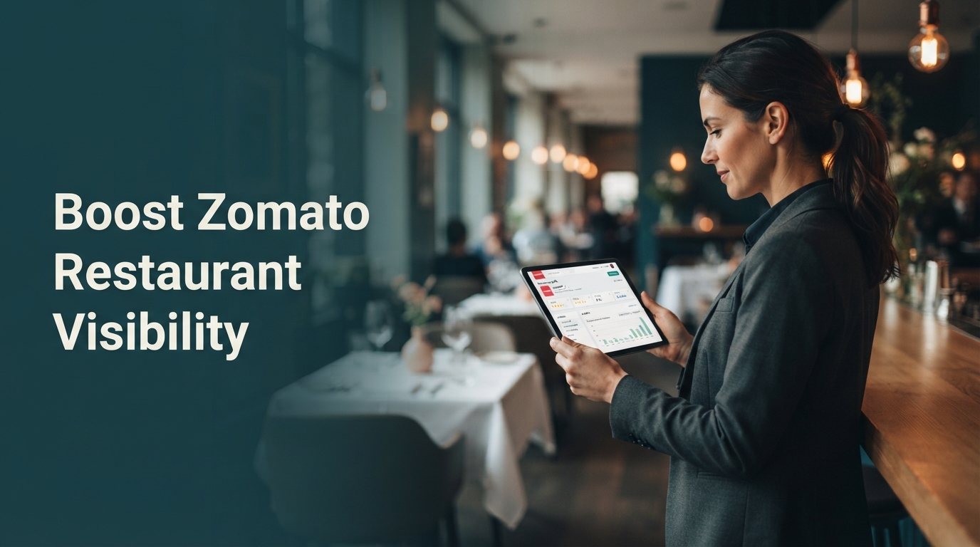 A restaurant manager using a tablet to update a digital menu and photos to improve their Zomato restaurant visibility.