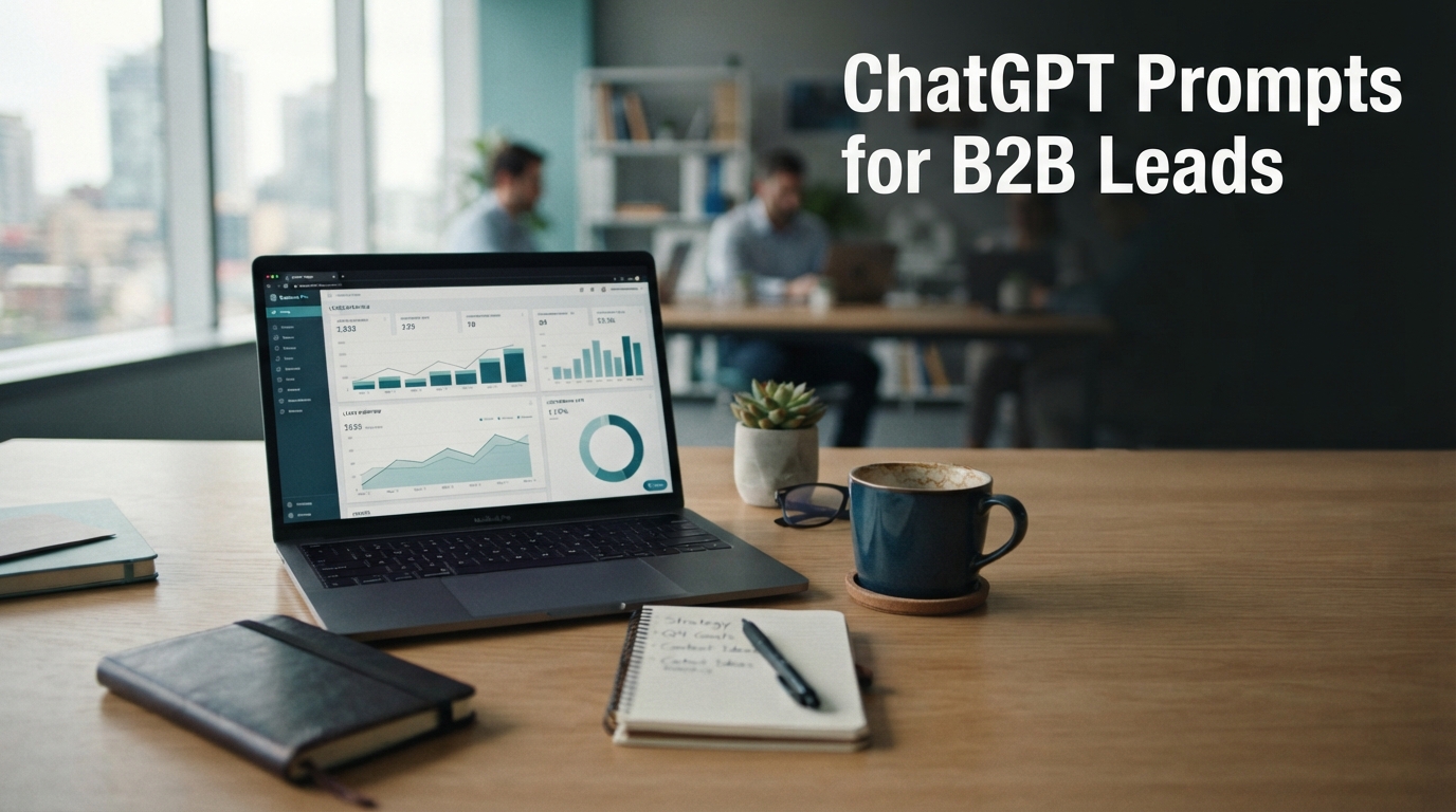 A professional marketer using ChatGPT on a laptop to analyze B2B lead data in a modern office setting.