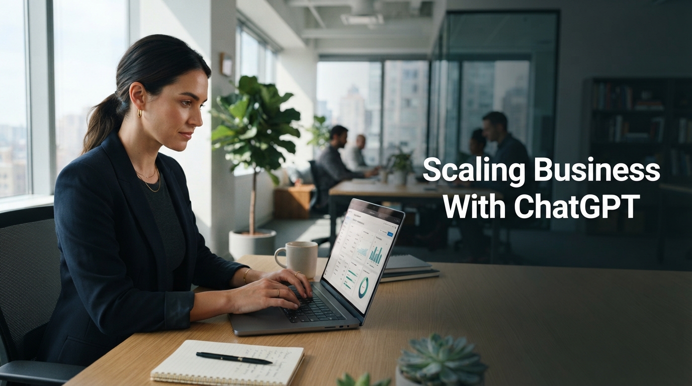 A professional business owner using a laptop in a modern office with natural light to scale their business operations with AI.