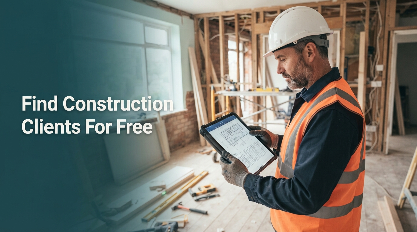 A professional construction contractor reviewing blueprints on a tablet at a residential job site.