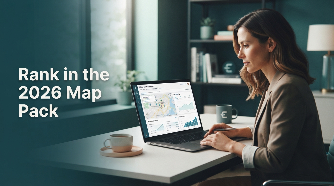A business owner reviewing local SEO metrics on a laptop screen with a map interface visible in the background.