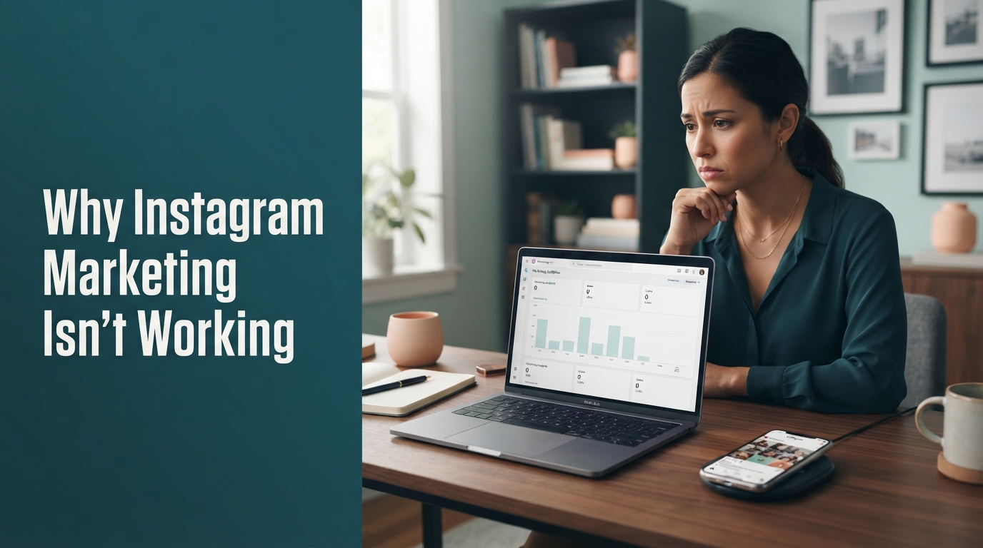 A frustrated business owner looking at a laptop screen showing zero sales while ignoring a smartphone with social media notifications.