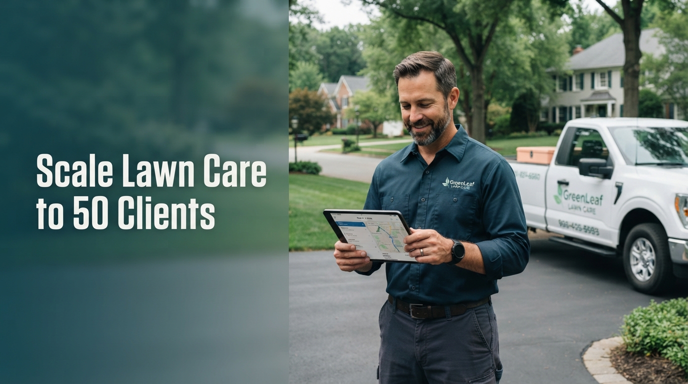 Professional lawn care business owner reviewing a digital map on a tablet next to a truck in a suburban neighborhood.