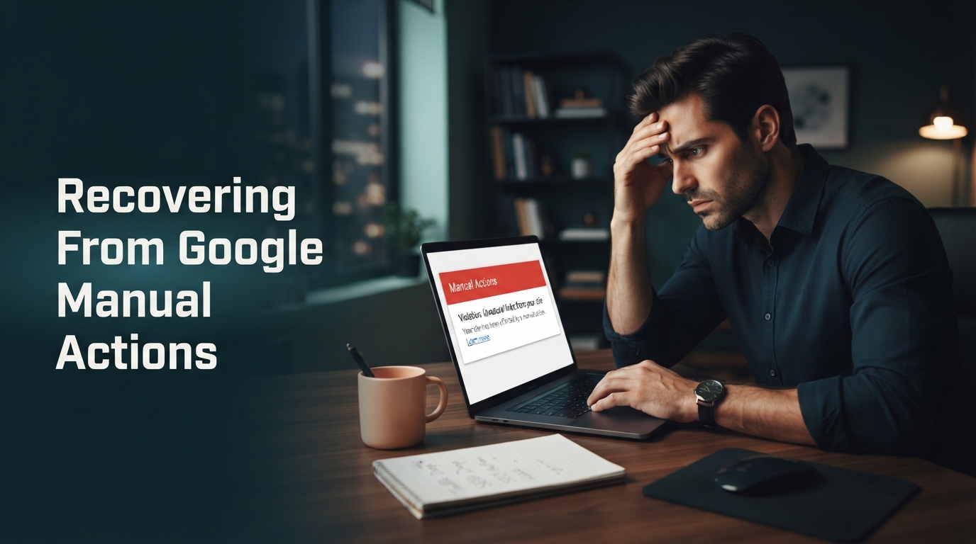 A frustrated business owner looking at a laptop screen showing a Google Search Console penalty notification.