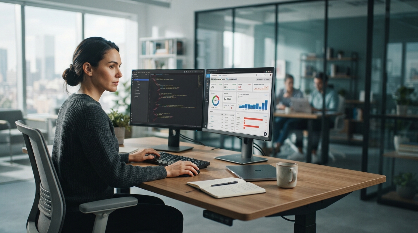 A professional developer working on Webflow code for technical SEO optimization.